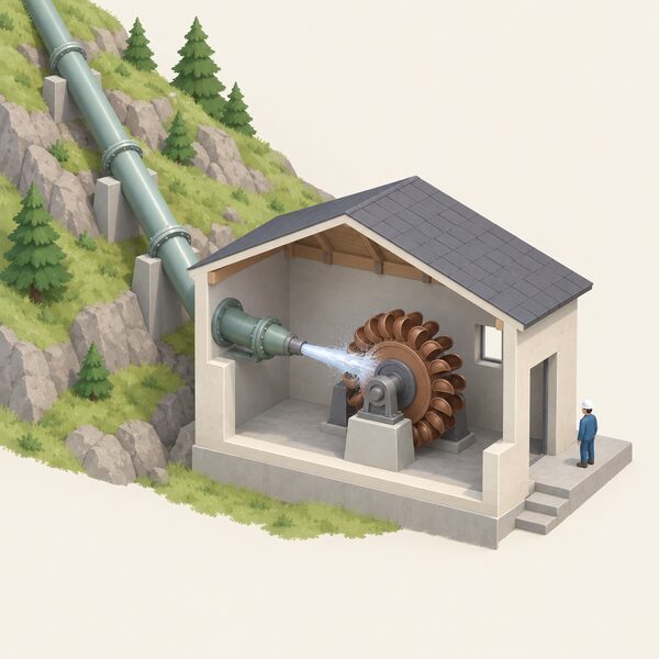 A small turbine building at the foot of a steep hillside pipeline, with a Pelton wheel inside: a circular rim of curved buckets on a shaft, struck by a single jet of water from a nozzle fed by the pipe, in air rather than submerged.