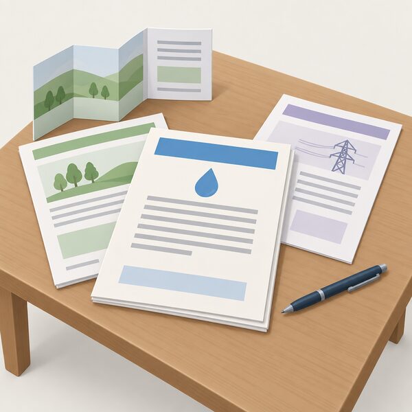 A paper abstraction licence and planning documents lying on a wooden table, drawn as physical sheets with blank lines and plain colour bands, beside a folded environmental assessment and a grid connection agreement, with a pen resting nearby.
