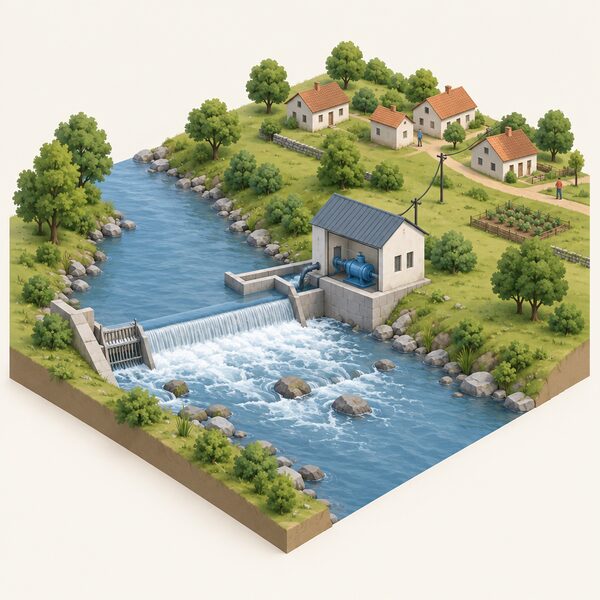 A small community hydropower scheme on a village river, showing a low weir across the channel, an intake and a small turbine powerhouse building beside the water, with simple village houses nearby and a cable running from the powerhouse toward the village.