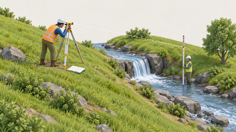 A surveyor on a steep grassy stream bank sights through a level set on a tripod down the slope to a graduated staff held upright by an assistant near the water, measuring the vertical head of the falling stream, with an open notebook on the ground beside the level.