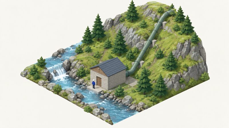 A small stone or timber turbine house at the foot of a steep hillside beside a stream, with a long penstock pipeline running down the slope from above and entering the building, a simplified isometric figure standing at its door.
