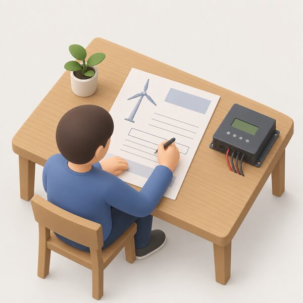 A warranty document for a small wind turbine lying on a household table beside the turbine's small controller unit, drawn as a physical paper with blank lines and plain blocks only, with a simplified isometric figure writing the turbine's serial number onto the registration section.