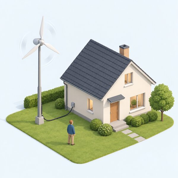 A small pole-mounted wind turbine with three blades stands on a short mast in the garden beside a simple house, its blades turning in the wind with a cable running down the pole toward the building.