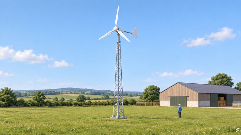 A small three-bladed wind turbine mounted on a tall lattice tower standing in open grassy ground, with a simple farm building in the background and clear open sky around the rotor.