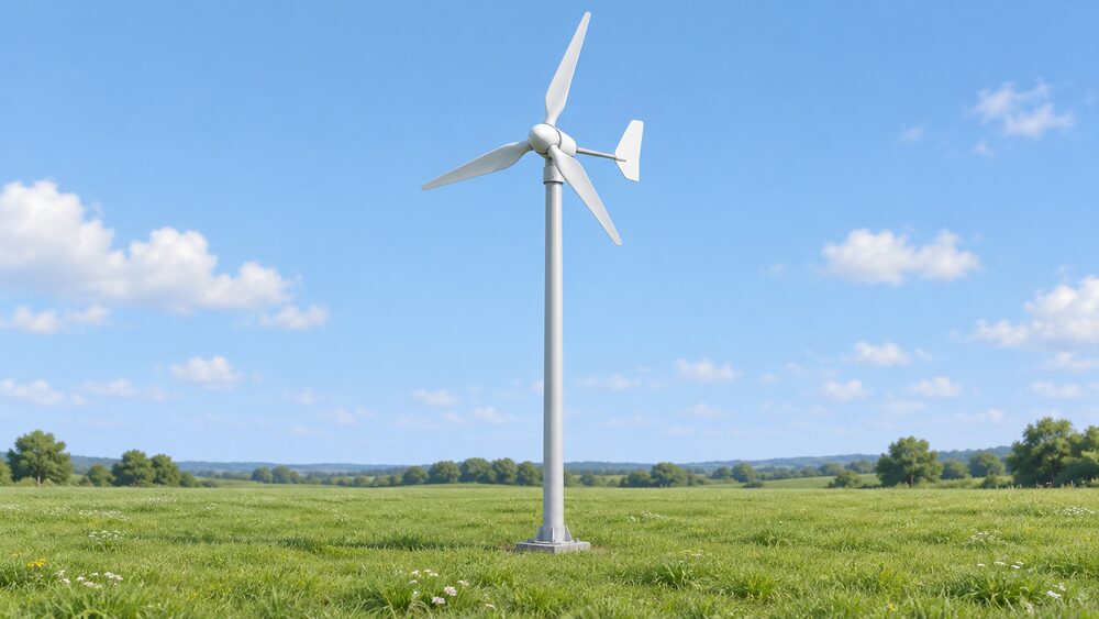 A small three-bladed wind turbine mounted at the top of a tall pole, seen close up against an open sky, standing in open grassy ground with no buildings nearby.