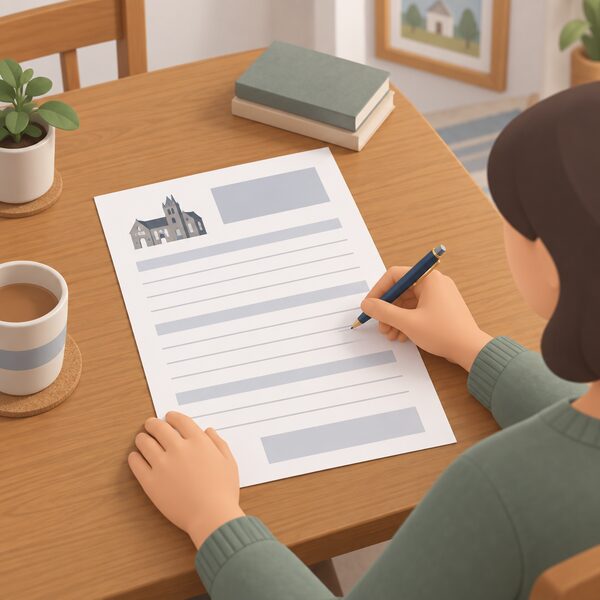 A single paper listed building consent application form lying on a wooden table in a home, with a pen beside it and a householder's hand about to complete the blank ruled lines, the form's content shown only as blank lines and plain blocks with no readable words or numbers.