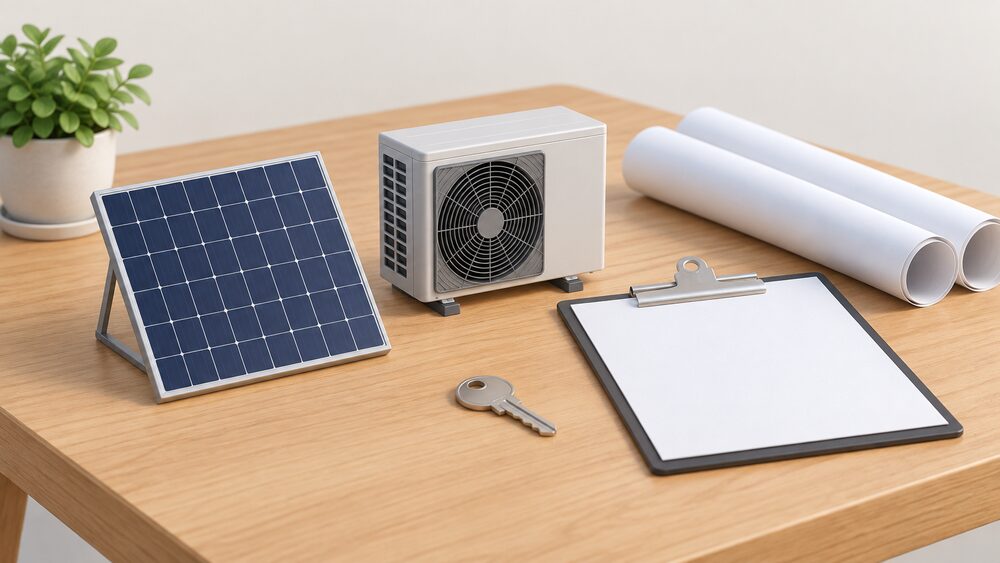 A small model of a solar panel and a miniature air source heat pump fan unit rest on a wooden table beside blank rolled site plans, a blank clipboard with a heritage assessment form and a house key, suggesting an application for listed building consent.