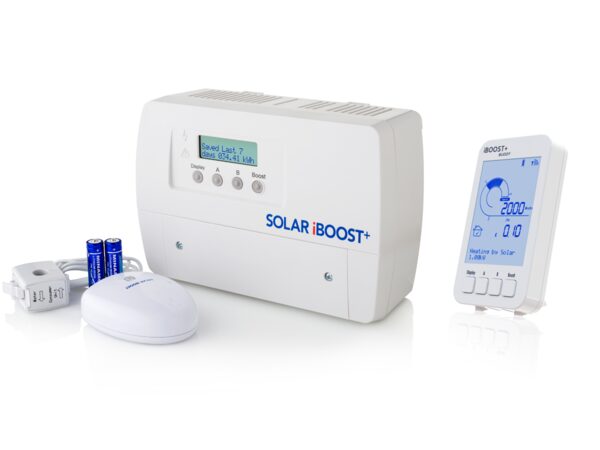 A Solar iBoost+ solar PV immersion controller kit with main unit, wireless display, sensor and batteries on a white background