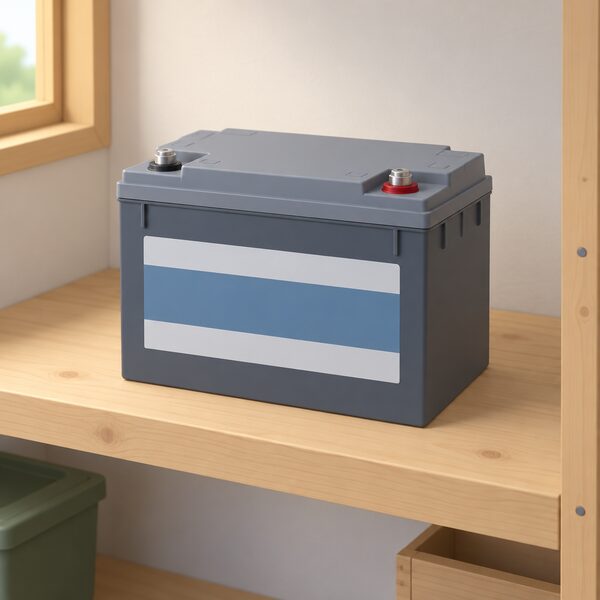 A single sealed 12V gel battery standing on a plain indoor shelf in a simple off-grid setting, shown as a sturdy rectangular case with two terminal posts on top and a plain unmarked label band, with no cables or other equipment attached.