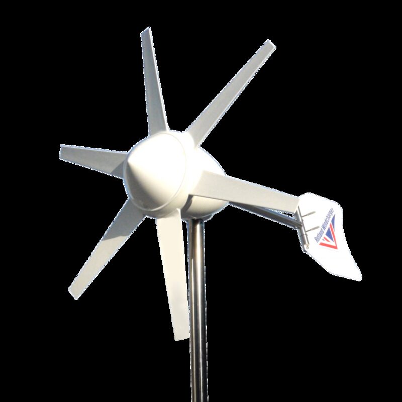 A white Rutland Furlmatic windcharger turbine with six blades on a mounting pole against a plain background