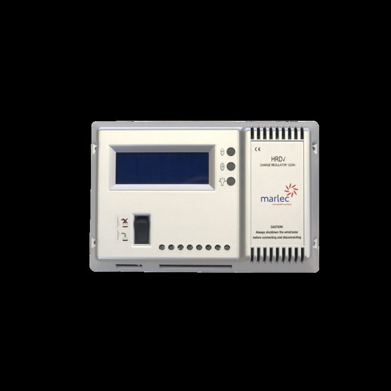 A Marlec HRDi 12V wind/solar charge regulator with LCD display and status LEDs on a white background