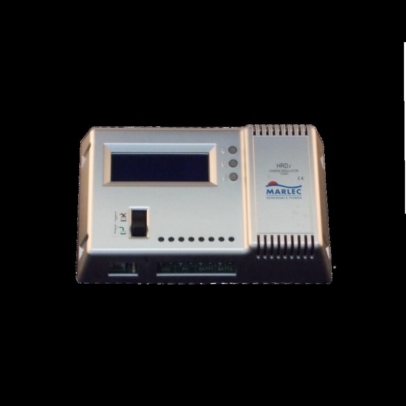 A Marlec HRDi solar charge controller unit with LCD display on a white background