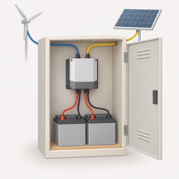 An open cupboard or locker showing an HRDi charge controller mounted on the wall beside a battery bank, with a cable from a wind turbine and a cable from a solar panel entering the controller and output cables running to the batteries.