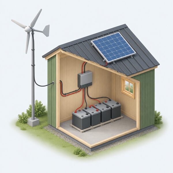 An isometric cutaway of a small off-grid outbuilding interior showing a battery bank on the floor connected by cables to a wall-mounted charge regulator, with a small wind turbine on a pole outside and a modest PV panel on the roof both feeding into it.