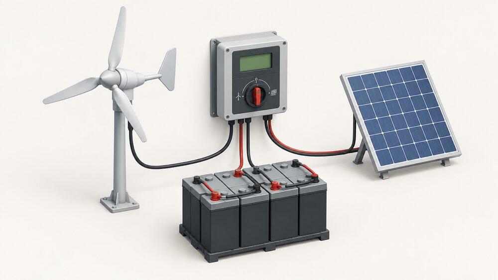 A close-up of the Marlec HRDi charge regulator, a single wall-mounted box with an alpha-numeric LCD screen and a manual turbine and solar shutdown switch, with cables running from it to a lead acid battery bank beside it and onward to a small PV panel and a small wind turbine.