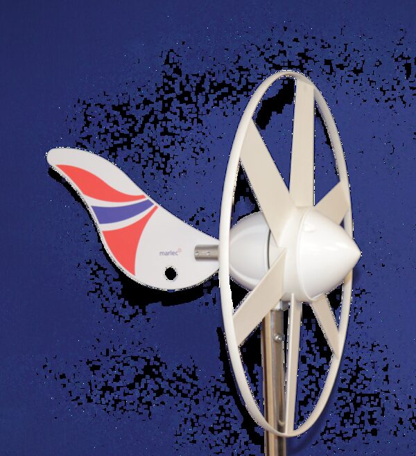 A Rutland 505 micro wind turbine with white blades and a red, white and blue tail fin on a mounting pole