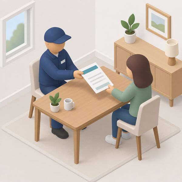 A simplified isometric installer handing a printed MCS certificate document to a customer across a table in a home, the certificate shown as a physical sheet with plain colour bands and blank lines only, representing the certificate issued after the wind installation is fully commissioned.