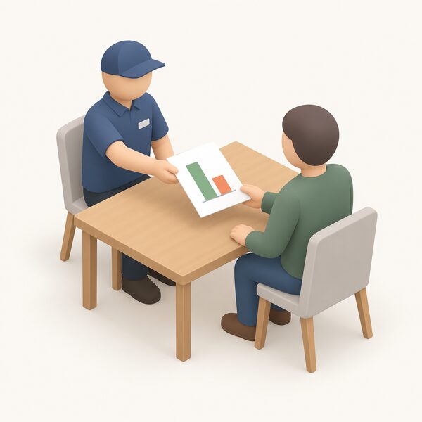 A small isometric installer figure hands a printed performance estimate sheet across a table to a householder, the sheet showing a simple unlabelled band chart with a high bar and a low bar representing the highest and lowest yearly energy the system might use.