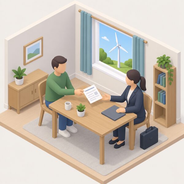 A householder at a table in their home hands a paper MCS certificate document across to a scheme representative, with a small wind turbine visible through the window outside to show the certified installation the certificate records.