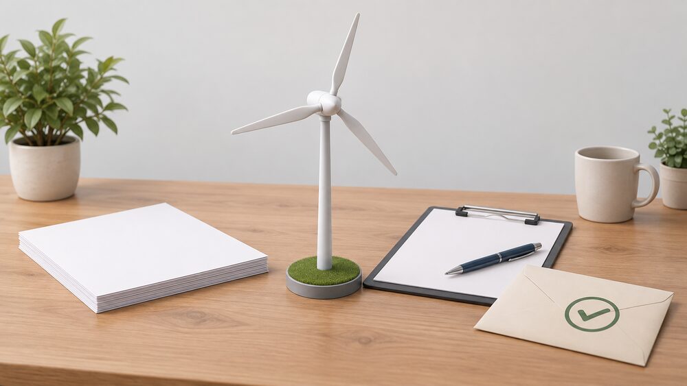 A small model of a domestic wind turbine on a pole stands on a table beside blank paperwork, a clipboard with a pen, and a stamped approval-style envelope, suggesting a certification application for a small wind installation.