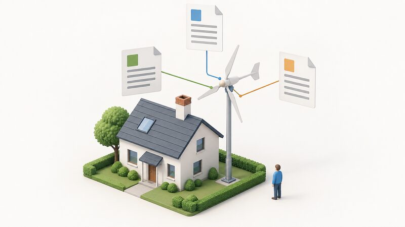 A diagram-style scene of a small domestic wind turbine on a pole beside a house, with three document sheets floating nearby, each linked by a plain line to the turbine installation and shown with blank line blocks instead of readable text.