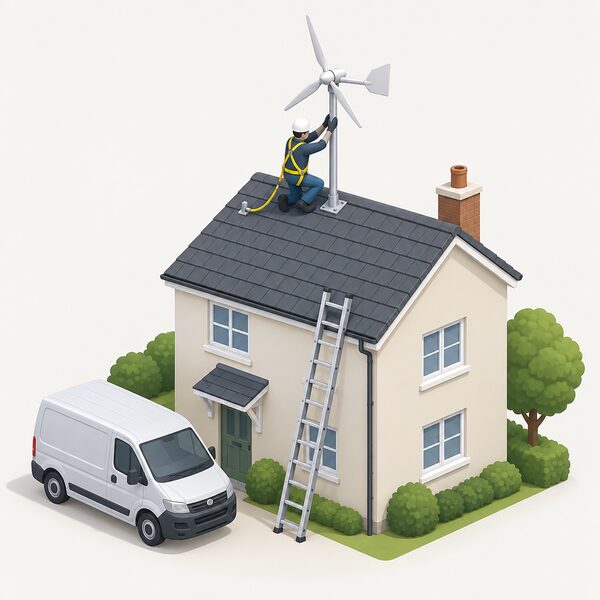 A small isometric figure of an installer in plain clothing and a safety harness on the roof of a house, fitting a small wind turbine to its mounting pole, with a ladder against the house and a van parked below.