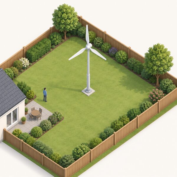A small stand-alone wind turbine on a mast in the middle of a garden, its blade tips clearly well away from the garden's boundary fence on all sides, shown from a slightly elevated view so the clearance between blades and boundary is visible.