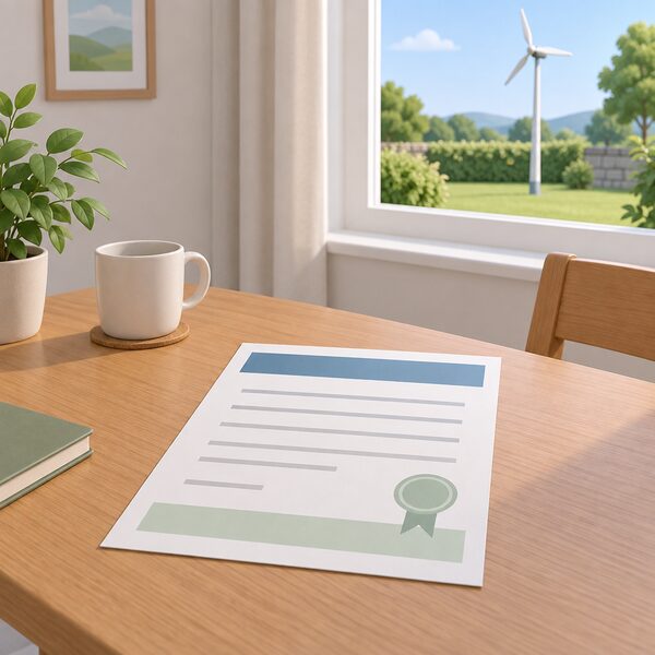 A physical MCS certificate document lying on a table in a home, shown as a printed sheet with blank lines and plain colour bands carrying no readable words, with a small domestic wind turbine visible on the lawn outside a nearby window to indicate the commissioned installation it records.
