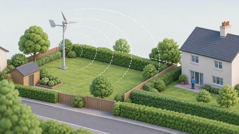 A diagram-style scene of a small stand-alone wind turbine on a mast in a garden, with dashed sound-assessment distance arcs spreading from it across to a simplified neighbouring house, showing how the MCS 020 b noise calculation measures the distance to the nearest neighbour.
