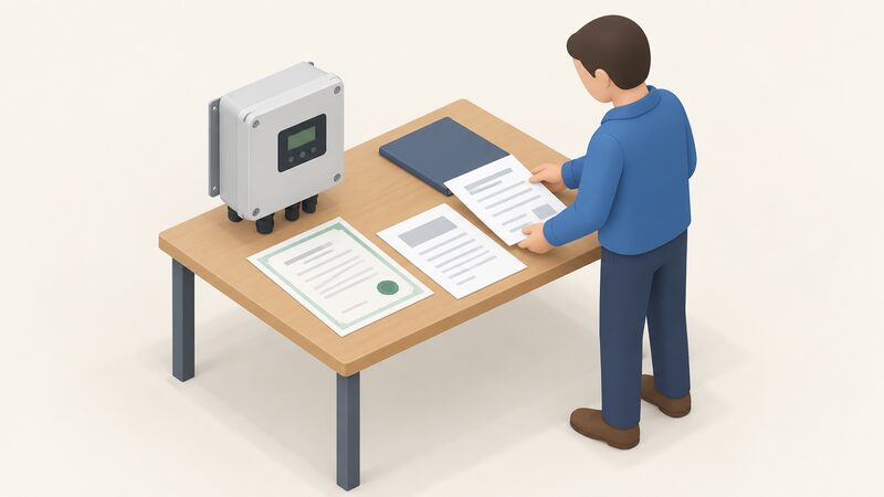A small wind turbine controller unit on a table with an MCS certificate and commissioning paperwork laid out beside it, a simplified isometric figure arranging the documents.