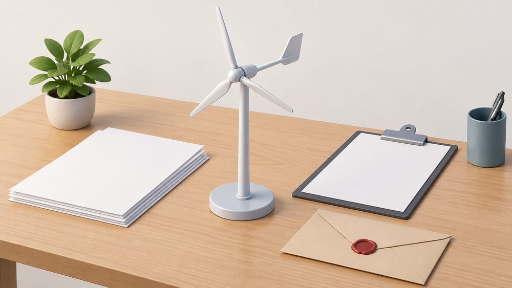 A small model of a stand-alone domestic wind turbine on a pole stands on a table beside blank paperwork, a clipboard and a sealed certificate envelope, suggesting the certification and planning checks that surround a permitted development installation.