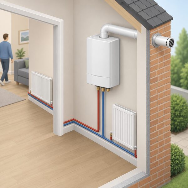 A wall-mounted micro-CHP unit resembling a boiler installed indoors on a house wall, with flow and return pipes connecting it to the radiator heating circuit and a horizontal flue passing through the outside wall to the exterior.