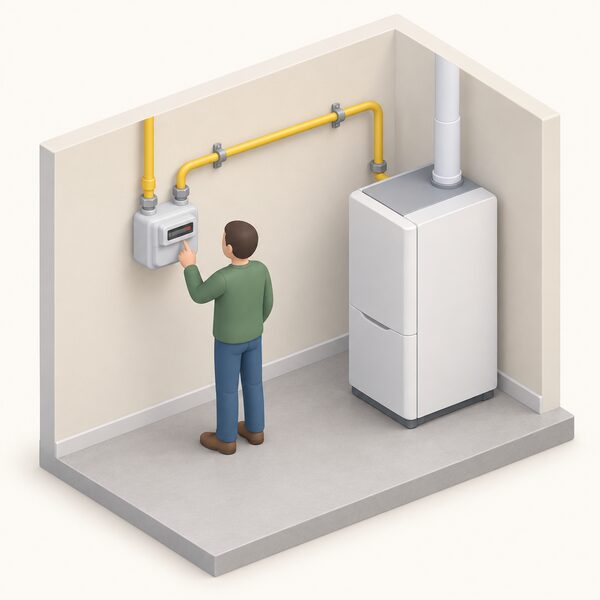 A domestic gas meter mounted on an interior wall, connected by a fuel supply pipe to a nearby indoor micro-CHP unit, with a small isometric figure checking the meter, representing the fuel consumption that drives the unit's running costs.