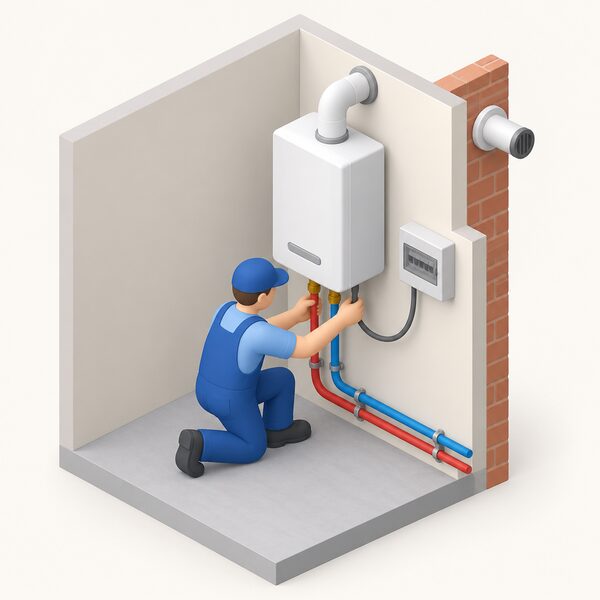 A small isometric installer figure fitting a boiler-like micro-CHP unit on an indoor wall, with one hand at the flow and return pipes joining the heating circuit and the other at an electrical connection cable running from the unit to a consumer unit, a flue passing through the outside wall.
