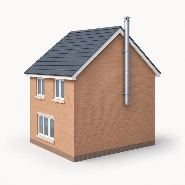 A simple two-storey house seen from the side, with a flue pipe emerging from the side elevation wall and rising vertically to terminate just below the level of the ridge of the pitched roof, no more than one metre above the highest roof point.