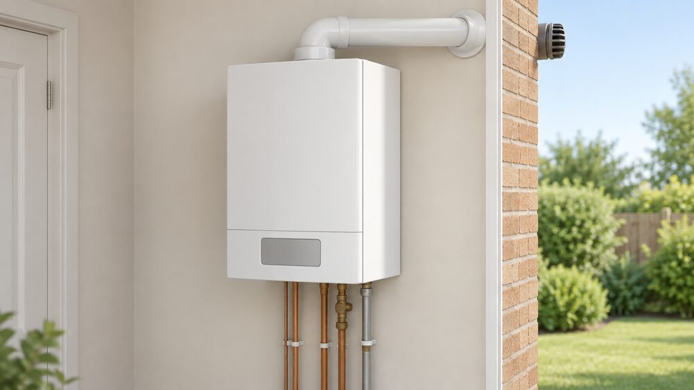 A close-up of a domestic gas-fired micro-CHP boiler, a wall-mounted heating appliance slightly larger than a conventional boiler, mounted on an indoor wall with its flue passing through the external wall to the open air, drawn plainly with no cutaway of the appliance.
