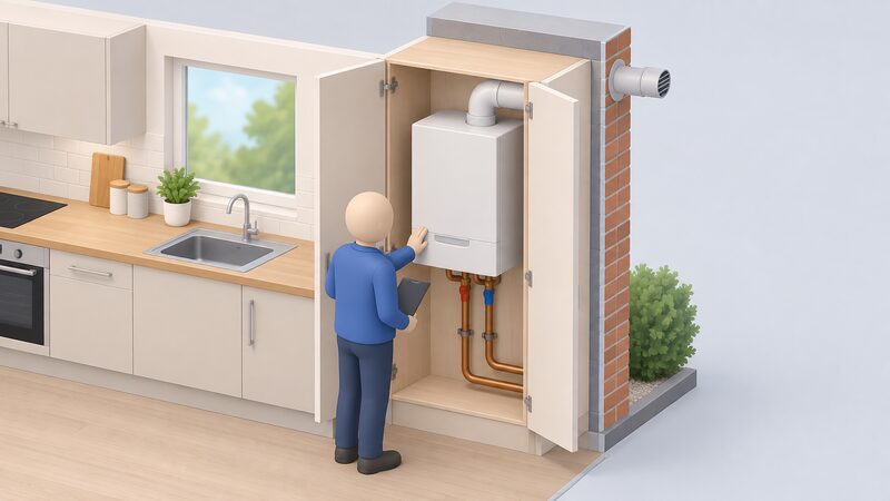 A cutaway kitchen cupboard reveals a domestic micro-CHP unit installed where a boiler would sit, with its flue passing through the external wall behind and flow and return pipework connecting to the wet central heating system, while a simplified figure inspects the unit.