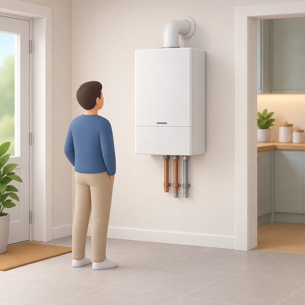 A single compact domestic micro-CHP unit, boiler-sized and wall-mounted in a home, standing alone to emphasise how unusually small it is compared with other generation technologies.