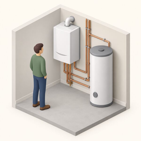 A small wall-mounted micro-CHP boiler unit installed in a home utility space, connected to pipework and a hot water cylinder, with a simplified figure standing beside it, conveying an accredited installation still in place and operating.
