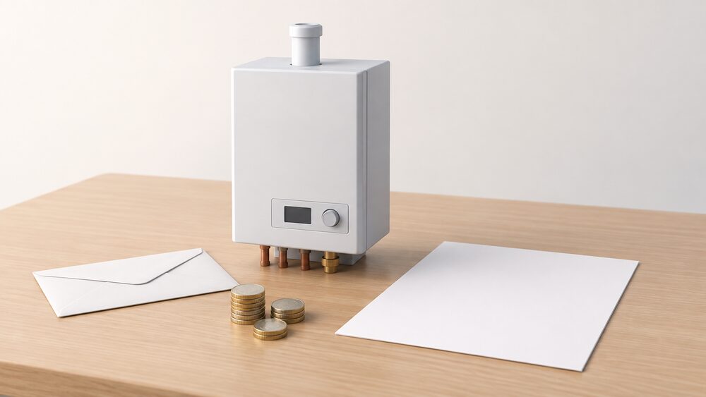 A small model of a wall-hung micro-CHP boiler unit stands on a table beside a closed envelope, a few coins and a blank sheet of paperwork, suggesting the legacy payments that continue for an accredited installation after the scheme has closed.