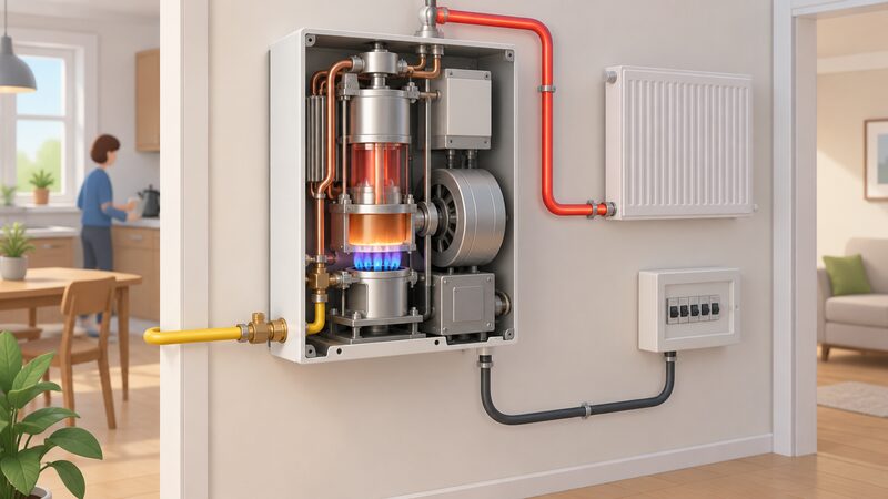 A cutaway wall-mounted Stirling engine micro-CHP unit in a home showing the gas pipe entering, a burner heating a Stirling engine with a generator, a flow pipe carrying heated water out to radiators, and a cable carrying electricity to the household consumer unit.