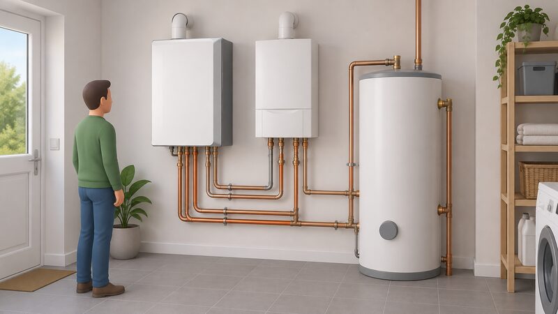 A wall-mounted micro-CHP unit in a UK utility room beside a gas boiler and a hot water cylinder, with connected pipework showing it supplementing the household heating system while generating electricity.