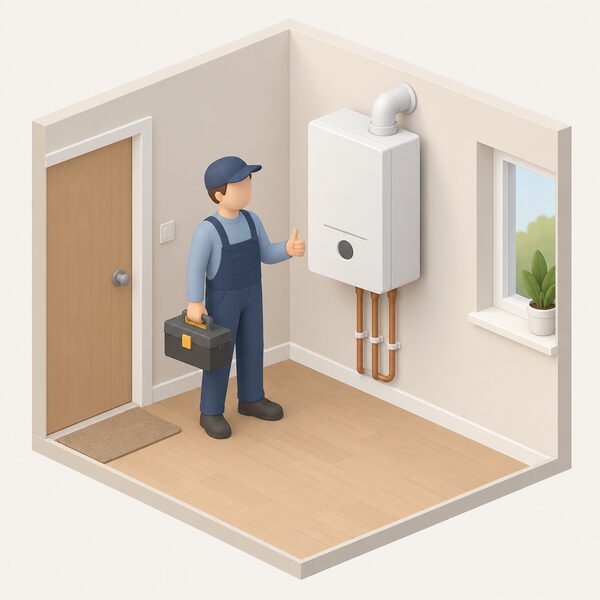 A small wall-mounted micro-CHP unit installed inside a home, shown as a neat certified product in place, with a simplified isometric figure of an installer standing beside it having just finished the installation.