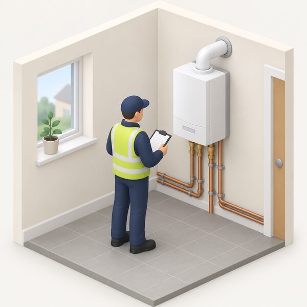 An assessor from the certification body stands in a home beside a completed wall-mounted micro-CHP boiler unit, clipboard in hand, inspecting its pipework, flue and connections during a scheme-arranged post-installation visit.