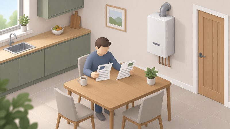 A householder at a kitchen table comparing an MCS certificate sheet with a micro-CHP commissioning record, both shown as physical documents with blank lines and plain blocks, the wall-mounted micro-CHP unit visible in the background of the room.