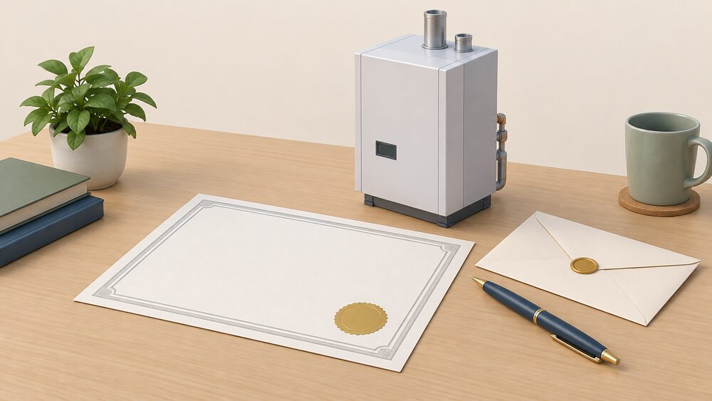 A blank certificate document lying on a table beside a small model of a micro-CHP boiler-like unit, with a pen and a sealed envelope nearby, suggesting the paperwork that follows a completed installation.