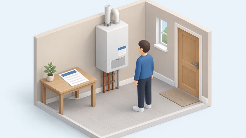 A wall-mounted micro-CHP unit in a home with a small isometric figure standing beside it, and on a nearby table the MCS certificate sheet and a commissioning label attached to the unit, both shown with blank lines and plain colour bands.