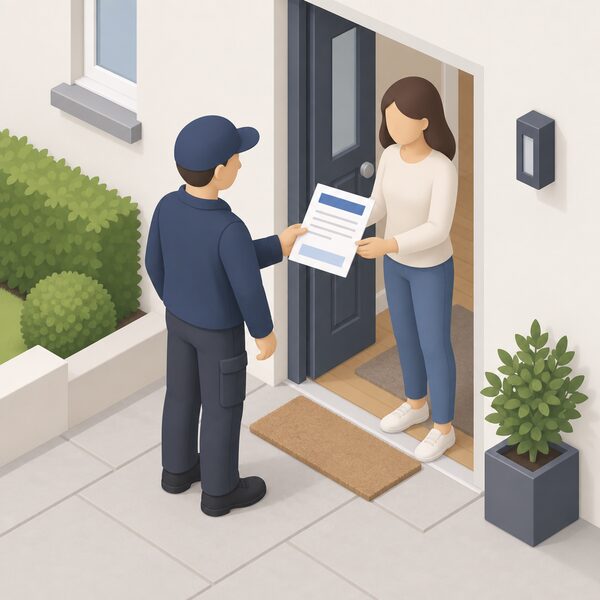 An installer in plain work clothes stands at a homeowner's front door, handing over a paper MCS certificate for a microgeneration installation, the document shown as a physical sheet with plain colour bands and blank lines so no words or figures are readable.