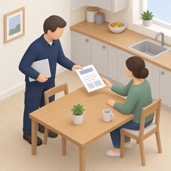 A printed system performance estimate document lying on a kitchen table in a home, handed to a householder by an installer before any sale is agreed, its pages showing only blank lines and plain blocks where the property-specific figures would appear.