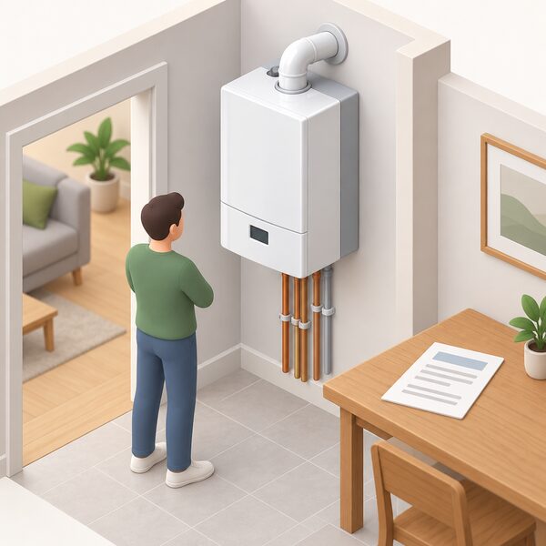 A small wall-hung micro-CHP boiler unit installed indoors in a home, with an MCS certificate document shown as a physical sheet resting on a nearby table, illustrating the certified product a household applies with.